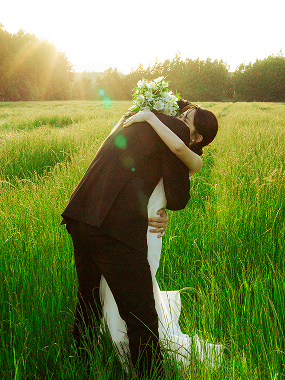 햇살이 비치는 초원에서 포옹하는 필레코드 웨딩 스냅