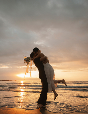 노을 진 제주 해변에서 촬영한 필레코드 웨딩 스냅